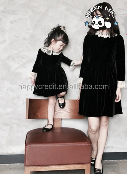 LEZONKIDS - Custom Parents Child Clothing Outfits Lace Collar Cuffs Silk Velvet Dress Mommy and Me